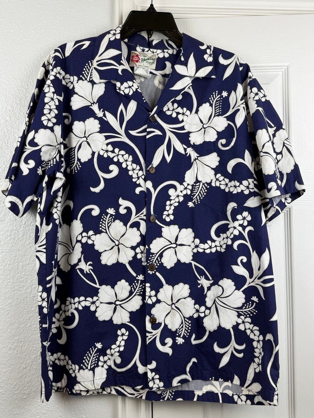 Vintage Hawaiian Original Aloha Shirt Blue Floral Cotton Made Hawaii L